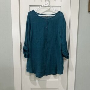 FLAX Sheer‎ Linen Tunic Shirt Lagenlook Turquoise Blue Lithuania Sz M